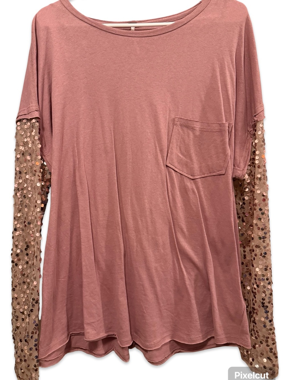 Free People Women’s Dusty Rose Sequin Sleeve Pocket Tee